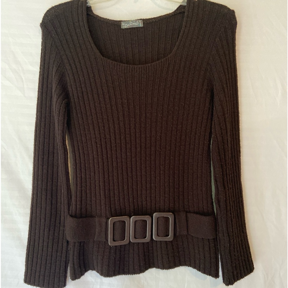 Les ZaZies Paris Womens Belted Long Sleeve Light Pullover Sweater SZ  M Brown